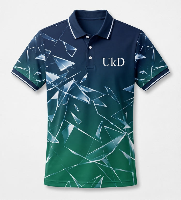 UkD Men's Polo Shirt Navy Green Gradient Shattered Glass Print
