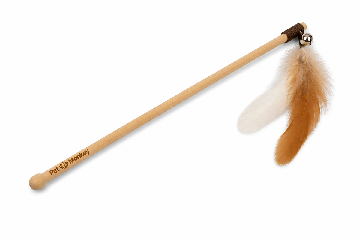 Pet Monkey Feather Teaser Wand Dog Toy – Interactive Training & Play Stick with Bell & Feathers (Wood Handle, Engaging Pet Toy)