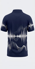 UkD Men's Navy Polo Shirt White Soundwave Abstract Line Print