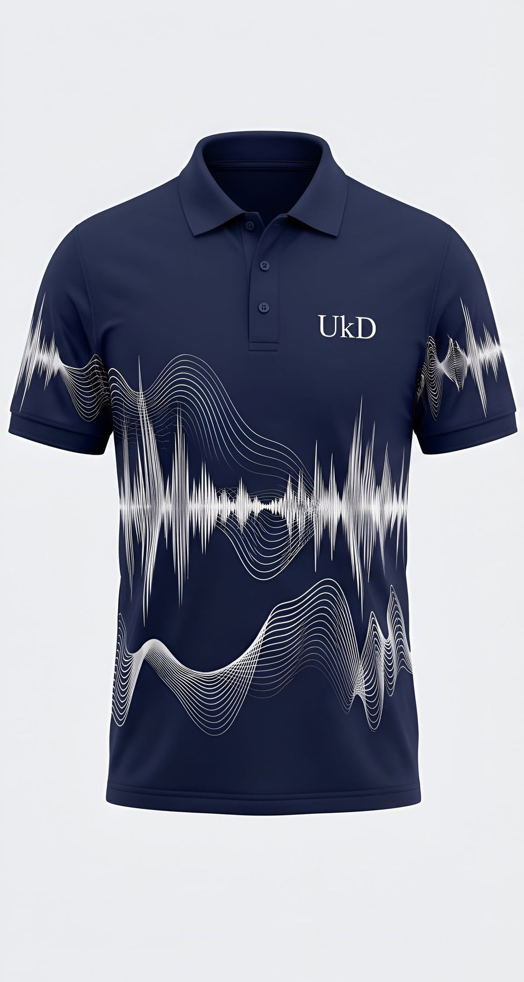 UkD Men's Navy Polo Shirt White Soundwave Abstract Line Print