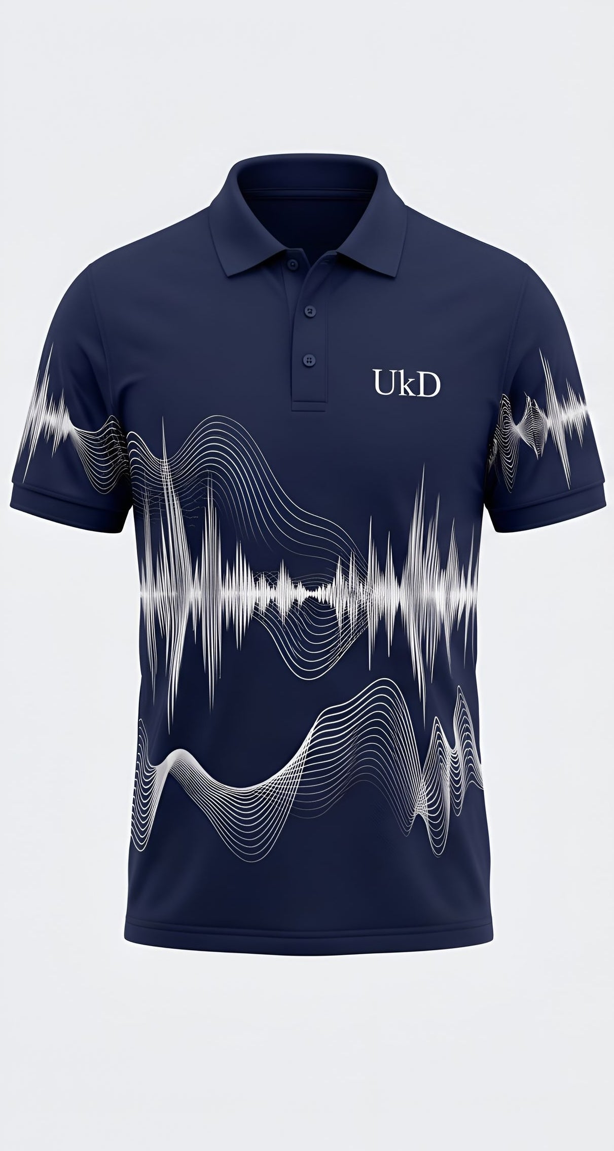 UkD Men's Navy Polo Shirt White Soundwave Abstract Line Print