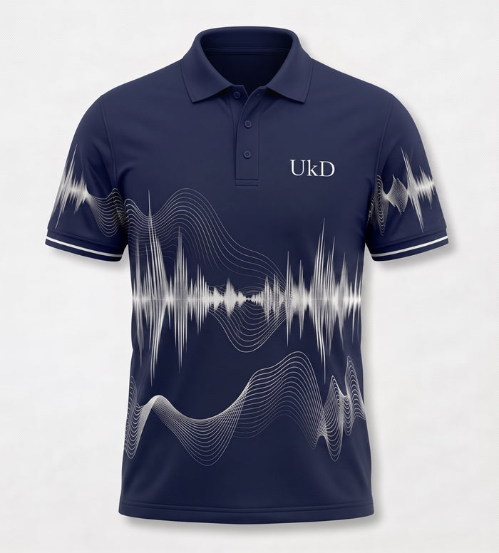 UkD Men's Navy Polo Shirt White Soundwave Abstract Line Print