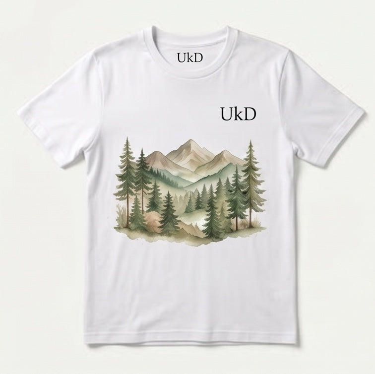 UkD Men's White T-Shirt Watercolour Mountain Forest Landscape Print