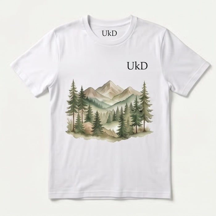 UkD Men's White T-Shirt Watercolour Mountain Forest Landscape Print