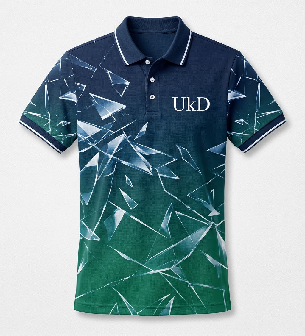 UkD Men's Polo Shirt Navy Green Gradient Shattered Glass Print