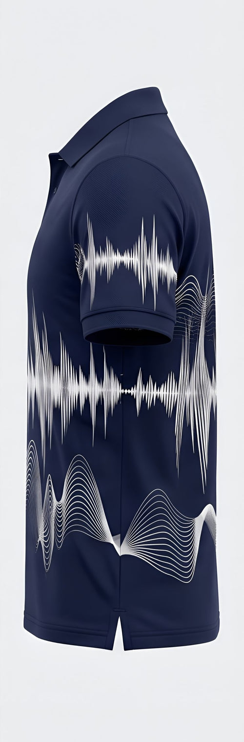 UkD Men's Navy Polo Shirt White Soundwave Abstract Line Print