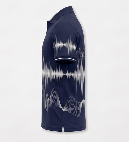 UkD Men's Navy Polo Shirt White Soundwave Abstract Line Print