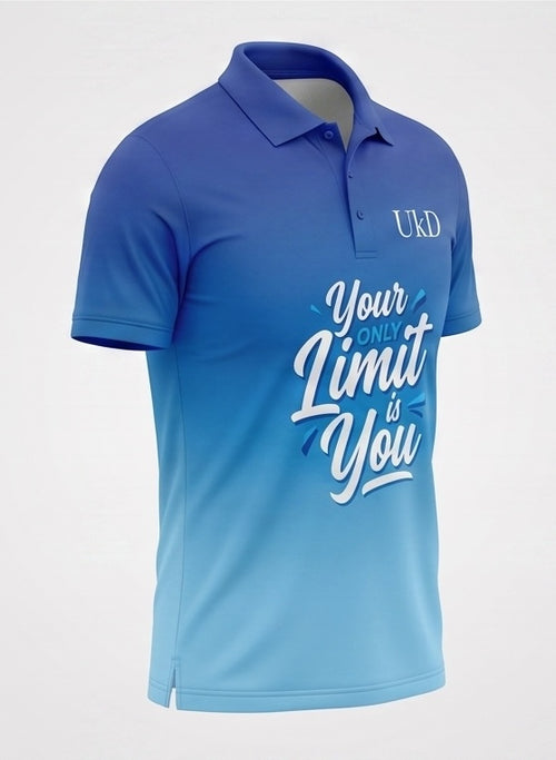 UkD Men's Blue Ombre Polo Shirt Your Only Limit Is You Slogan Print