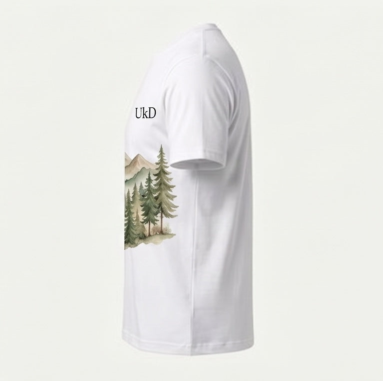 UkD Men's White T-Shirt Watercolour Mountain Forest Landscape Print