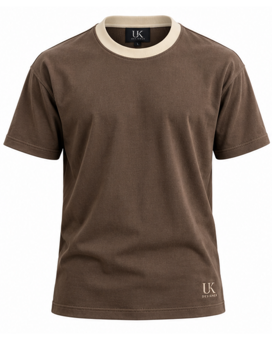 Men's muted clay brown boxy T-shirt with cream crew neck, front view