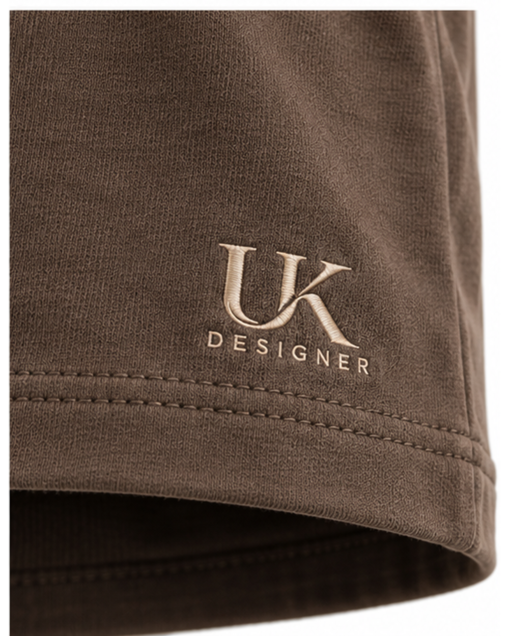 Close-up of the embroidered logo above the lower front hem