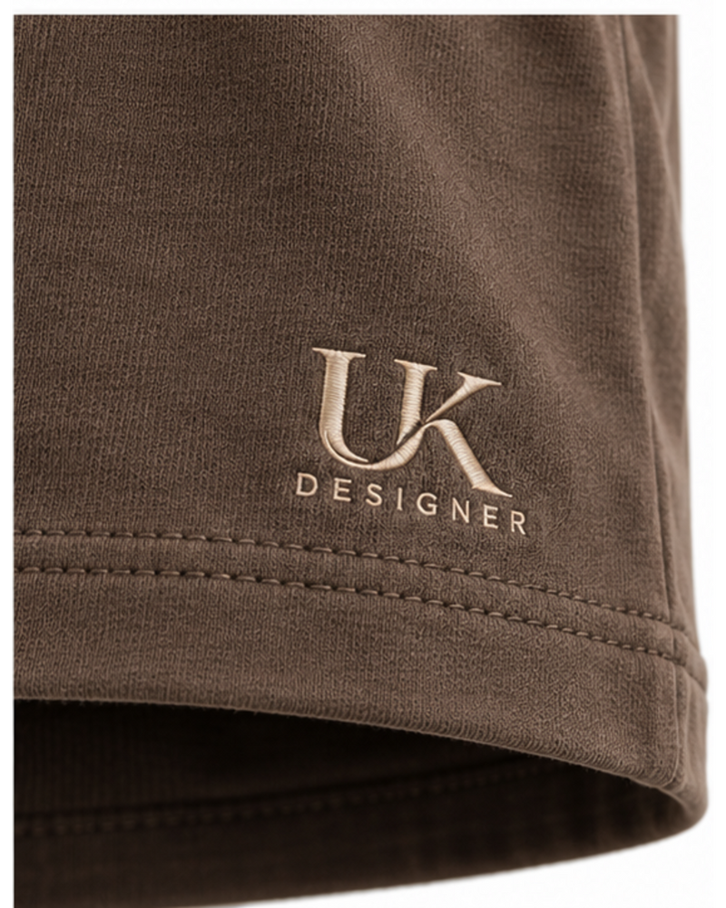 Close-up of the embroidered logo above the lower front hem