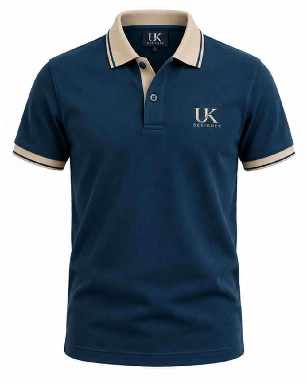 Men's midnight petrol blue piqué polo with sand collar, front view