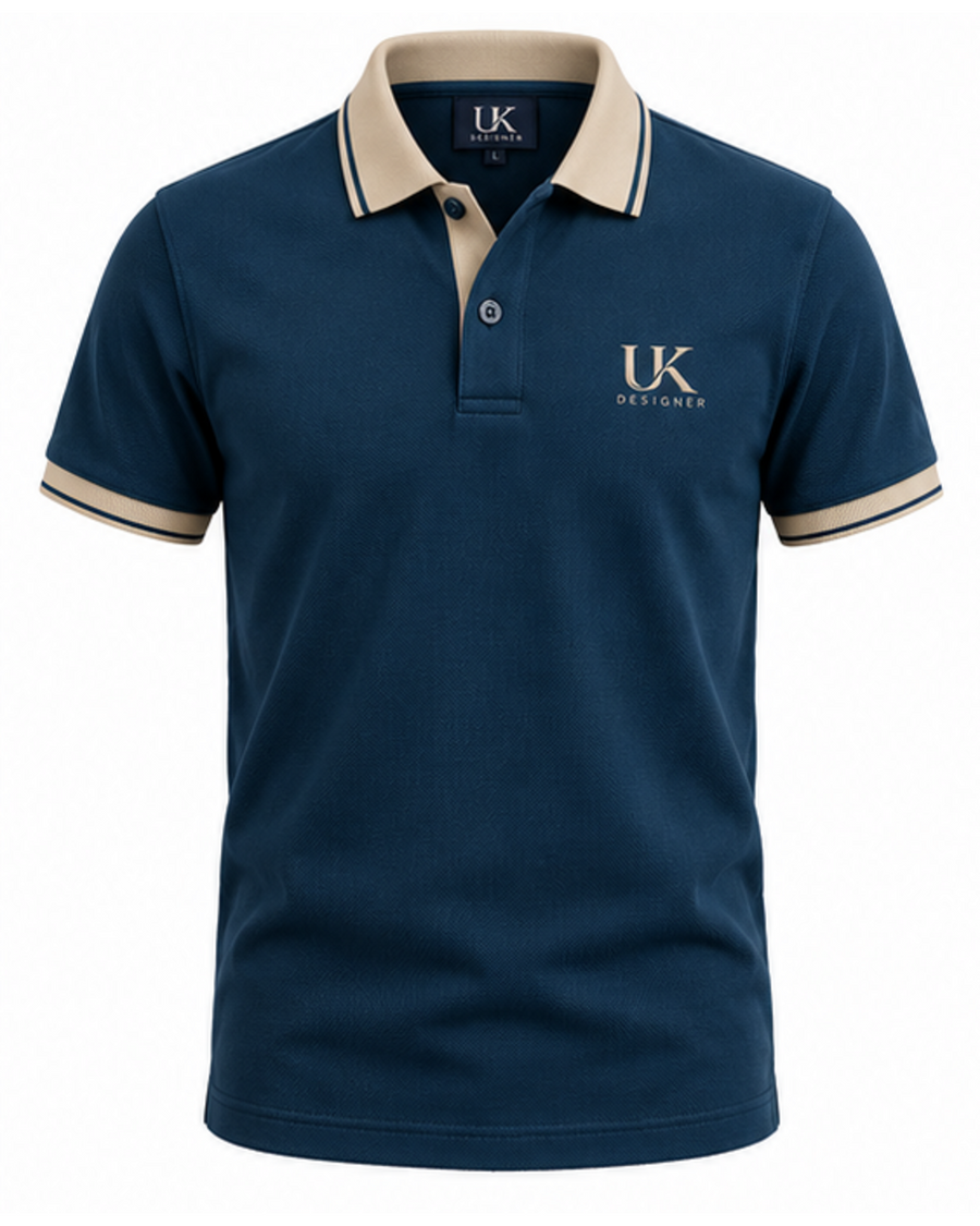 Men's midnight petrol blue piqué polo with sand collar, front view