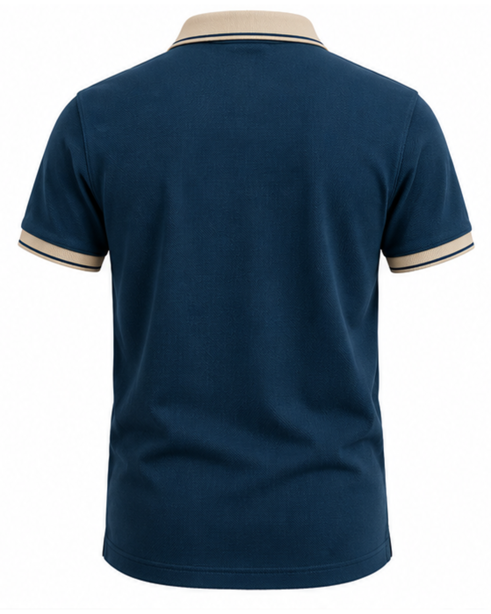 Back view of the petrol blue polo showing the sand collar band