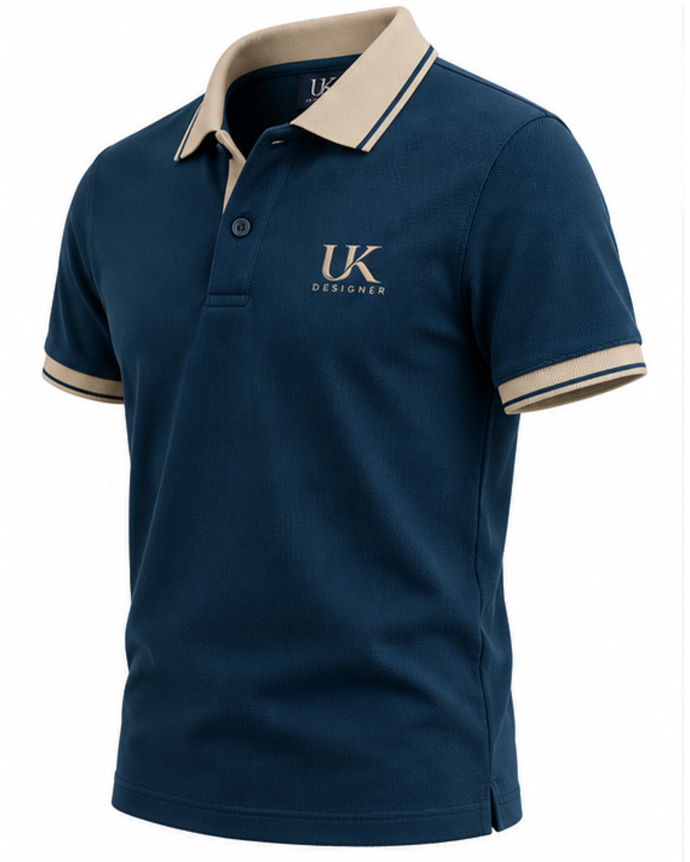 Three-quarter view of the petrol blue polo with sand tipped cuffs