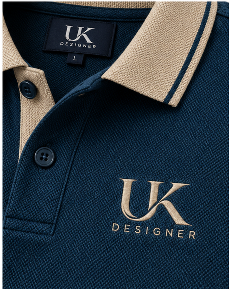 Close-up of the sand collar tipping, placket buttons and embroidered chest logo