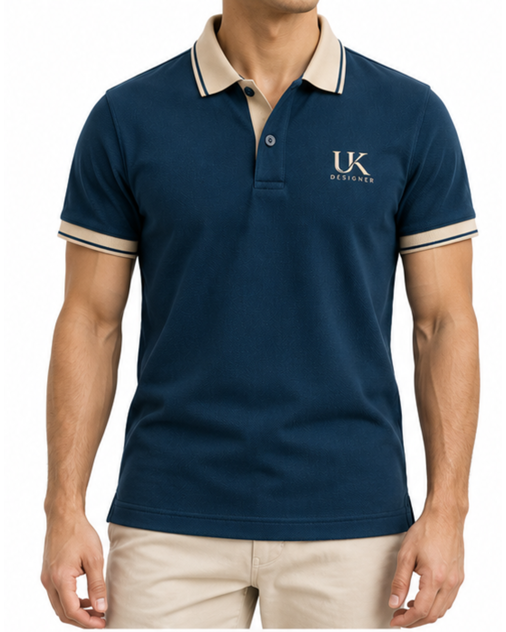 Model wearing the petrol blue piqué polo with stone chinos, front