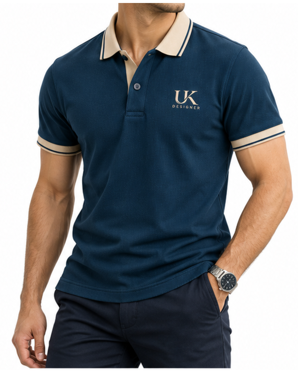 Model in the petrol blue polo with navy trousers, angled view