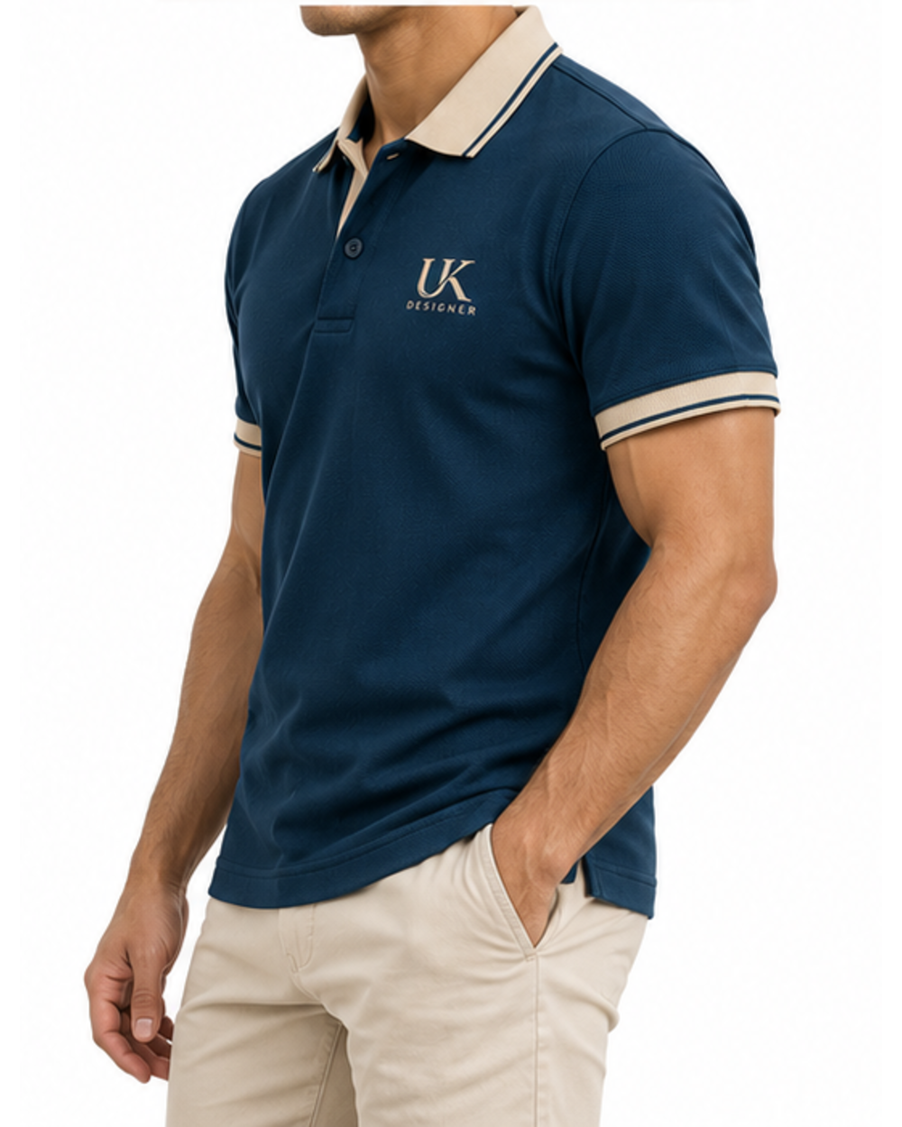 Side view of the petrol blue polo on a model showing the side vent