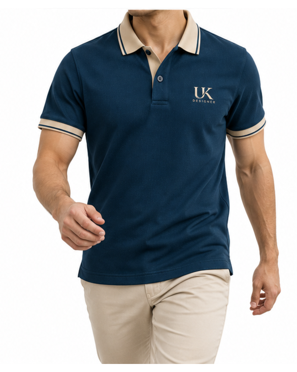 Model walking in the petrol blue polo with sand trousers