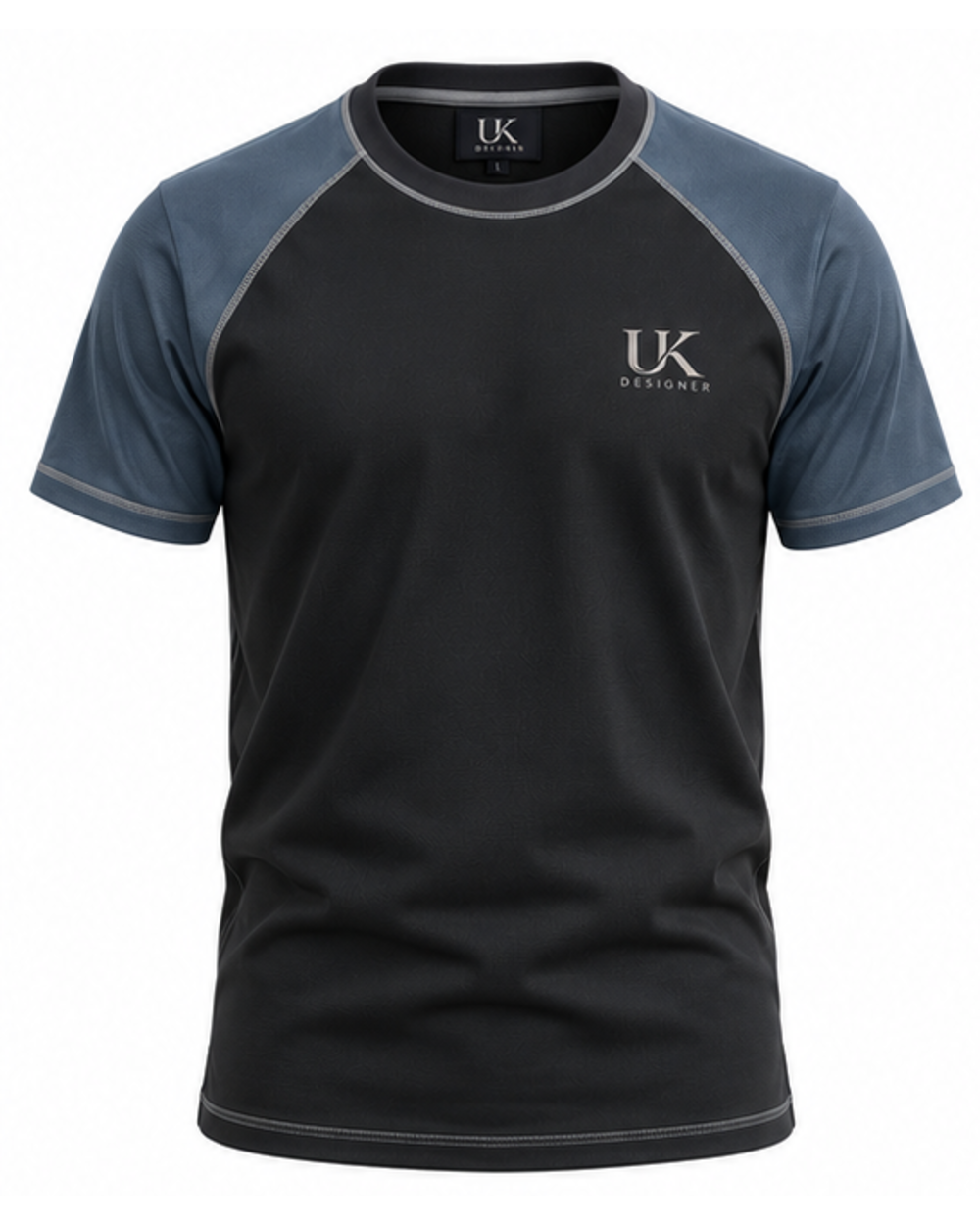 Men's graphite black raglan T-shirt with steel blue sleeves, front view