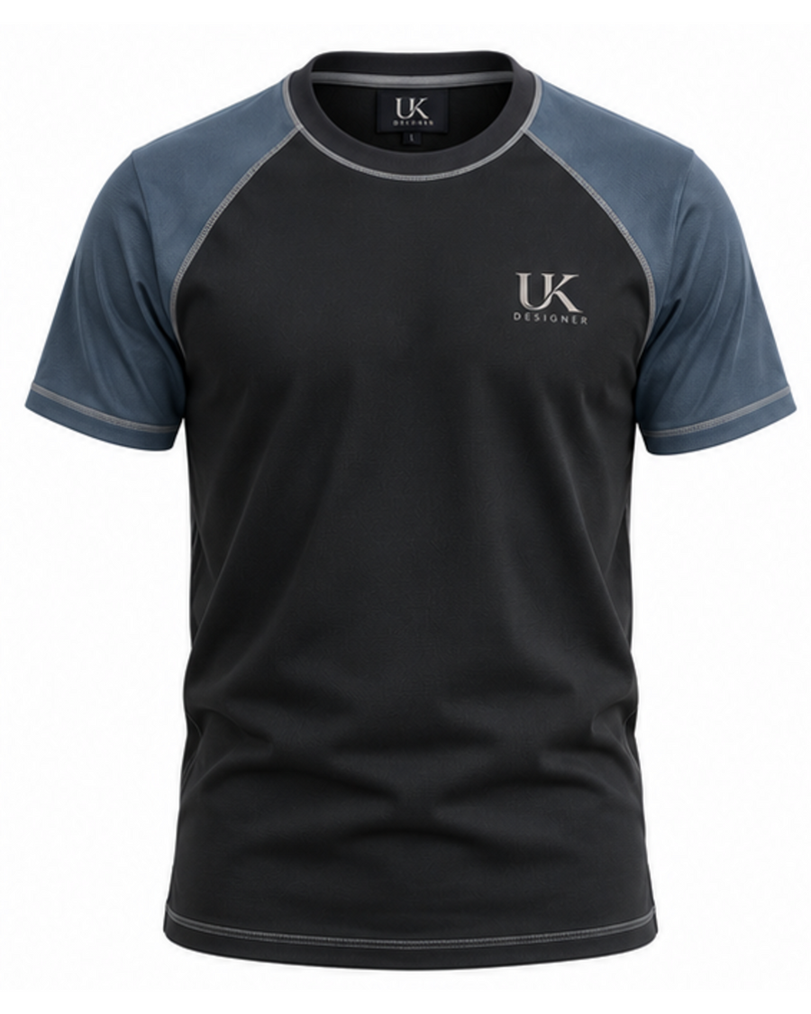 Men's graphite black raglan T-shirt with steel blue sleeves, front view
