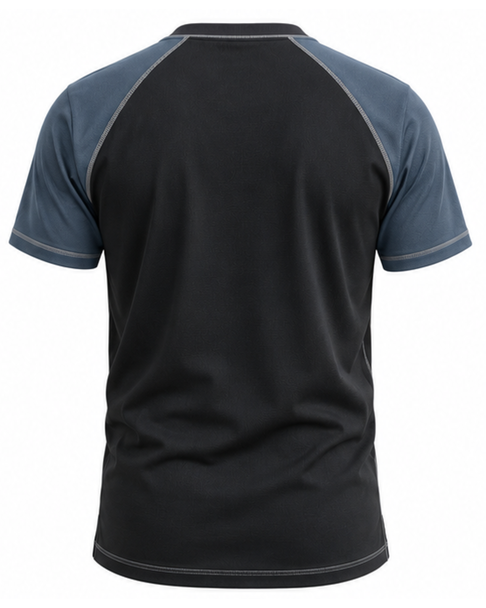 Back view of the black and steel blue raglan T-shirt