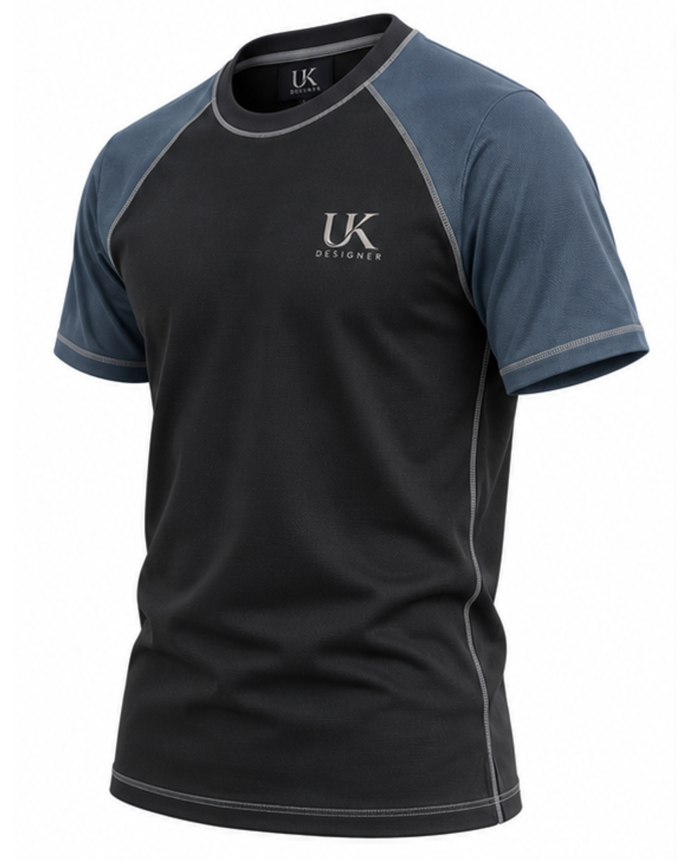 Three-quarter view of the raglan T-shirt showing grey side seam stitching