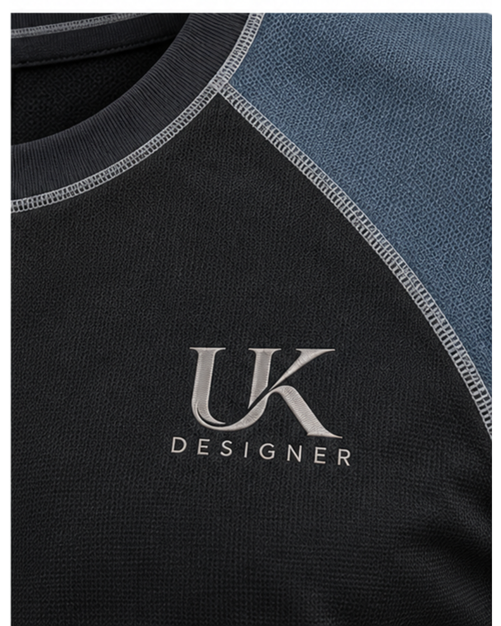 Close-up of the ice grey contrast stitching and chest logo