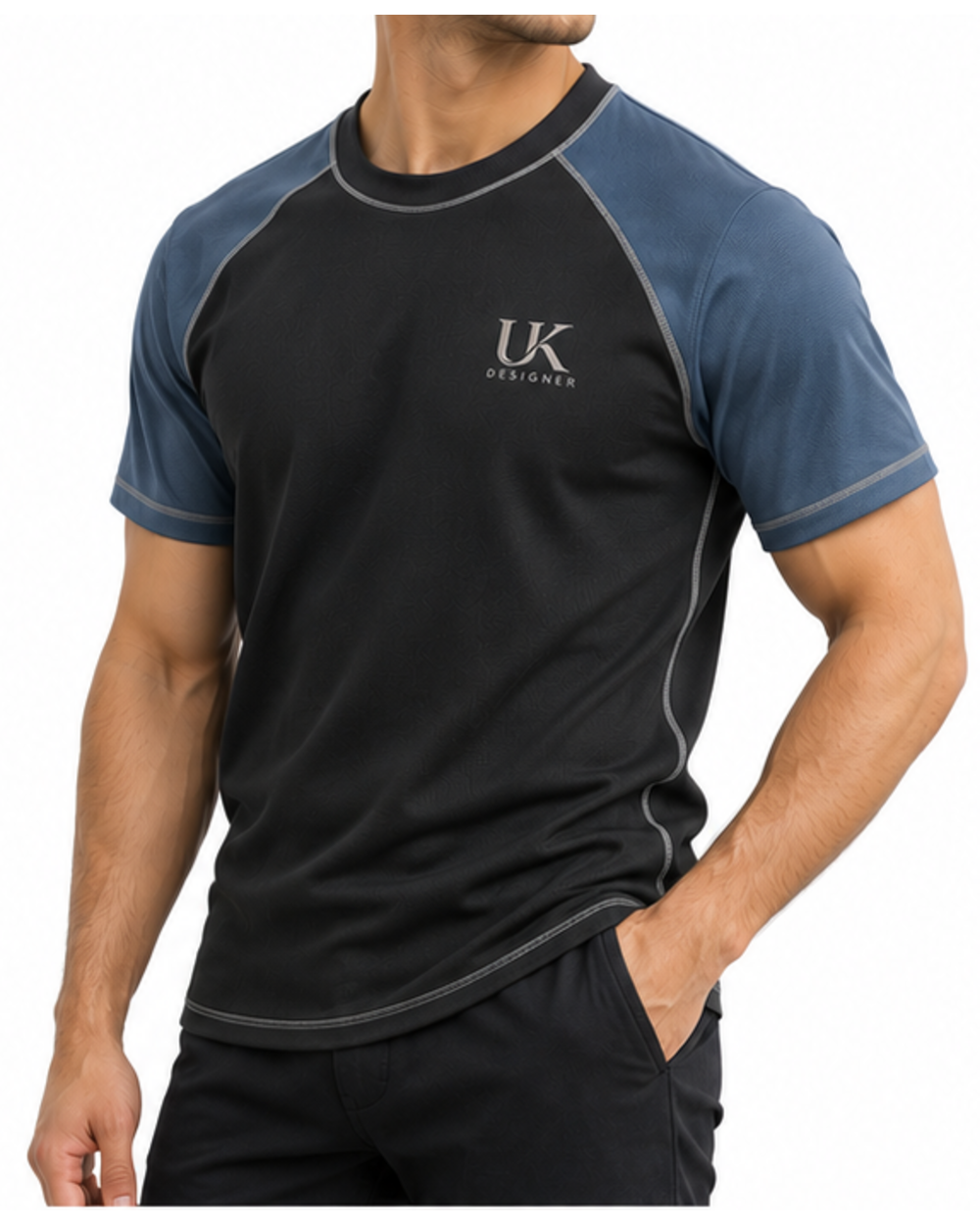 Model in the black raglan T-shirt, angled view