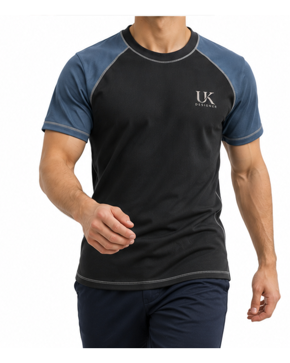 Model walking in the black and steel blue raglan T-shirt