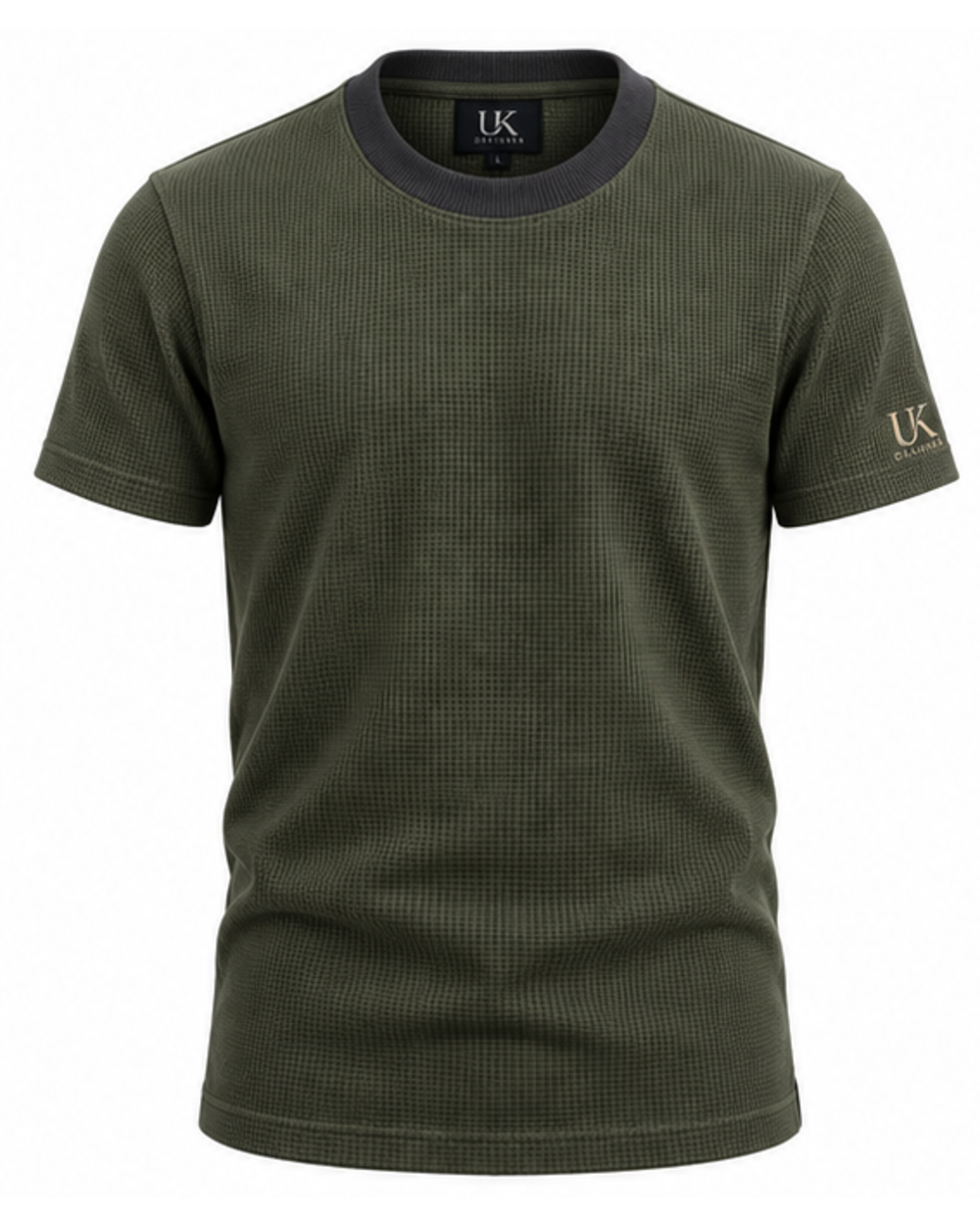 Men's smoky olive waffle-knit T-shirt with charcoal crew neck, front view