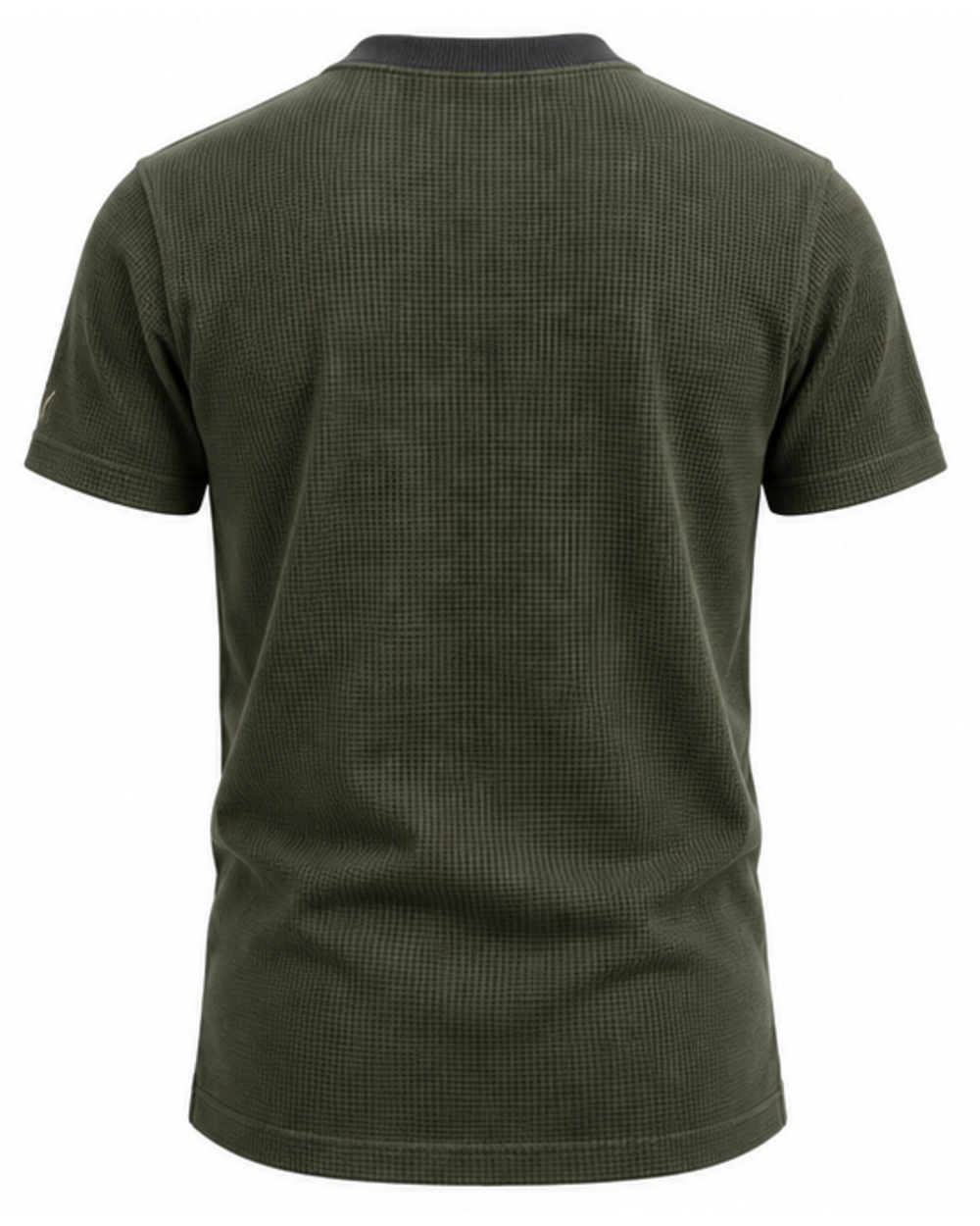 Back view of the olive waffle-knit T-shirt