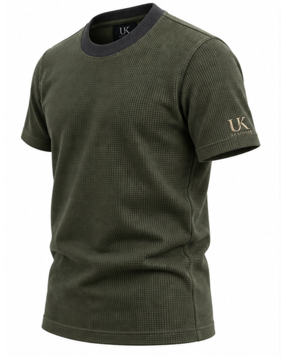 Three-quarter view of the olive waffle T-shirt showing the sleeve logo