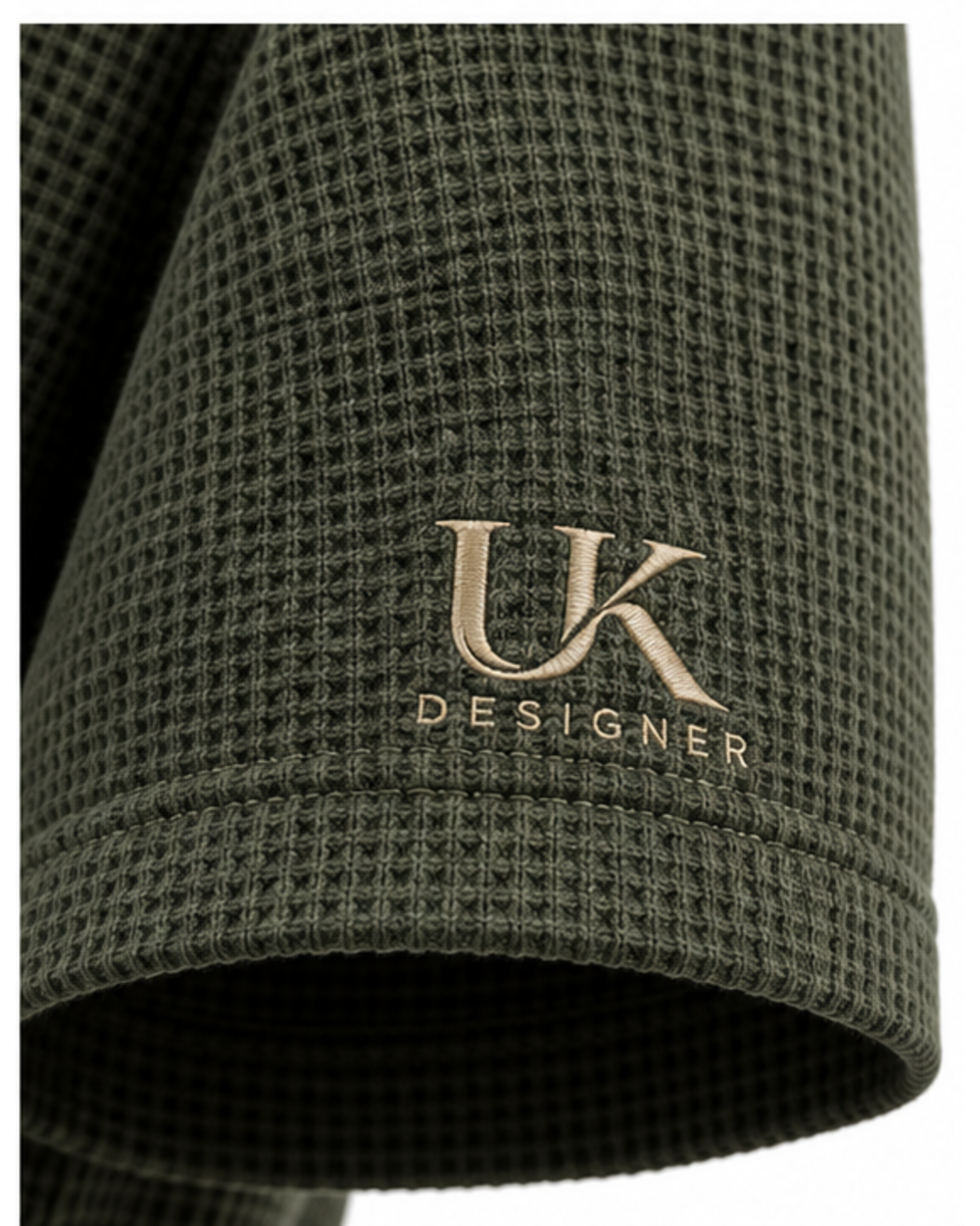Close-up of the waffle texture and embroidered logo on the left sleeve hem