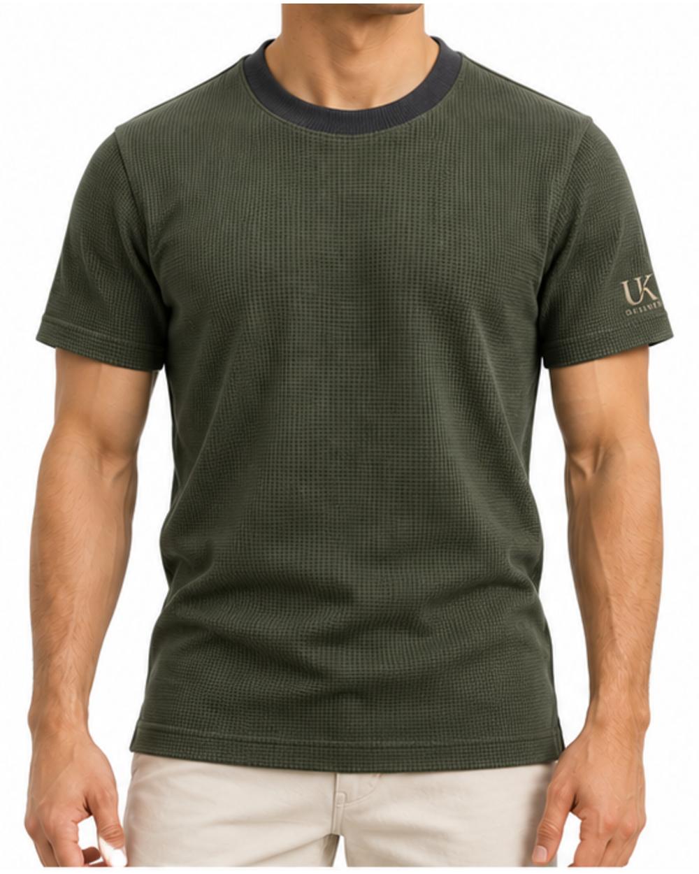 Model wearing the olive waffle T-shirt with stone trousers, front