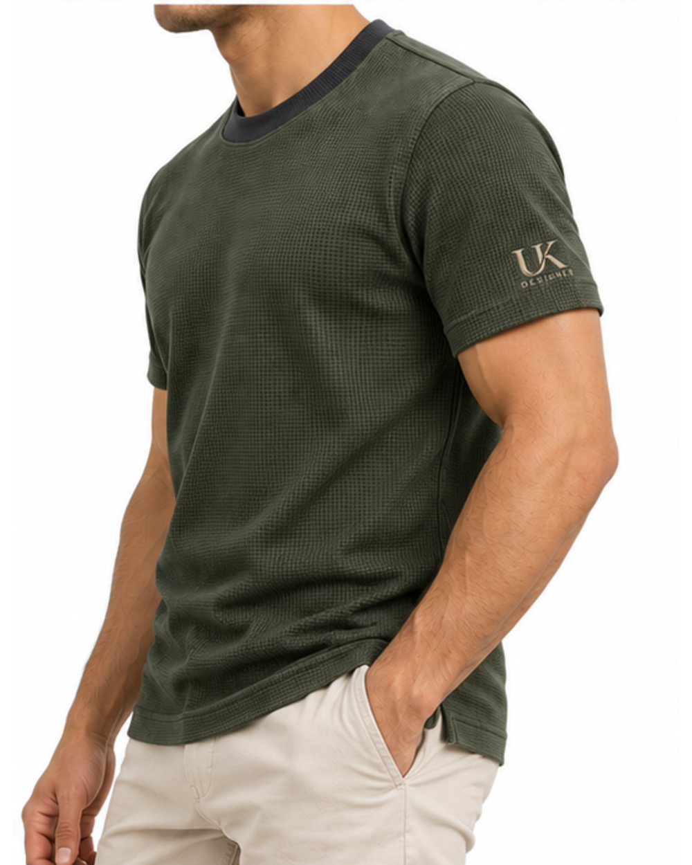 Side view of the olive waffle T-shirt on a model