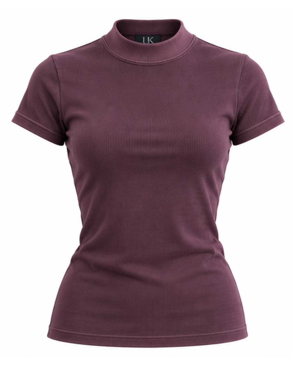 Women's deep mulberry plum mock-neck rib T-shirt, front view