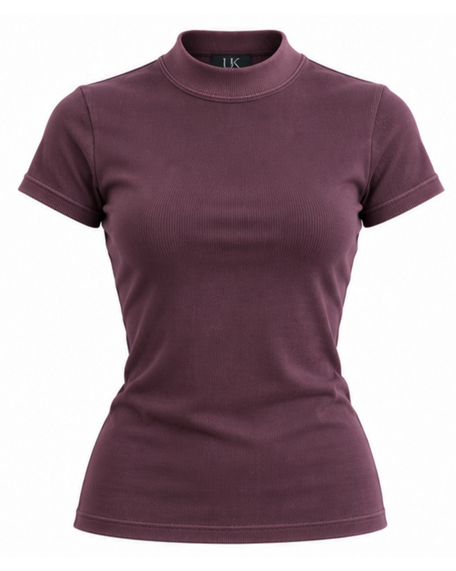 Women's deep mulberry plum mock-neck rib T-shirt, front view