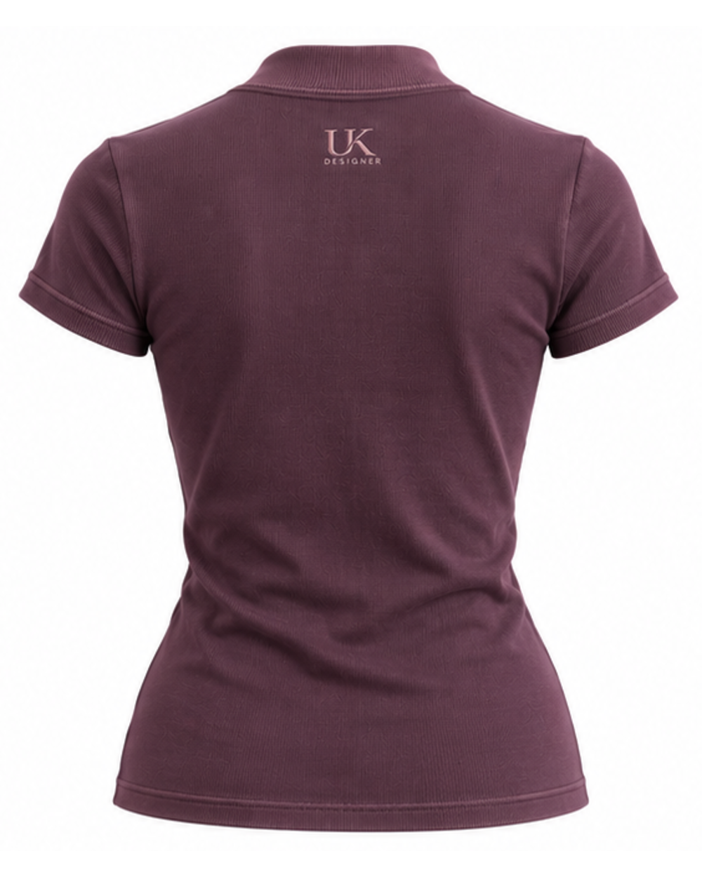 Back view of the plum mock-neck T-shirt with embroidered logo below the collar