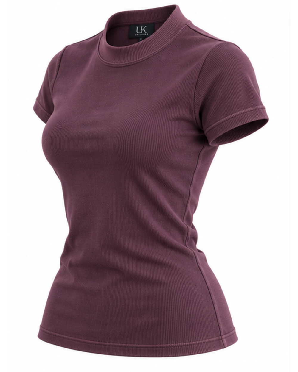 Three-quarter view of the plum mock-neck fitted T-shirt