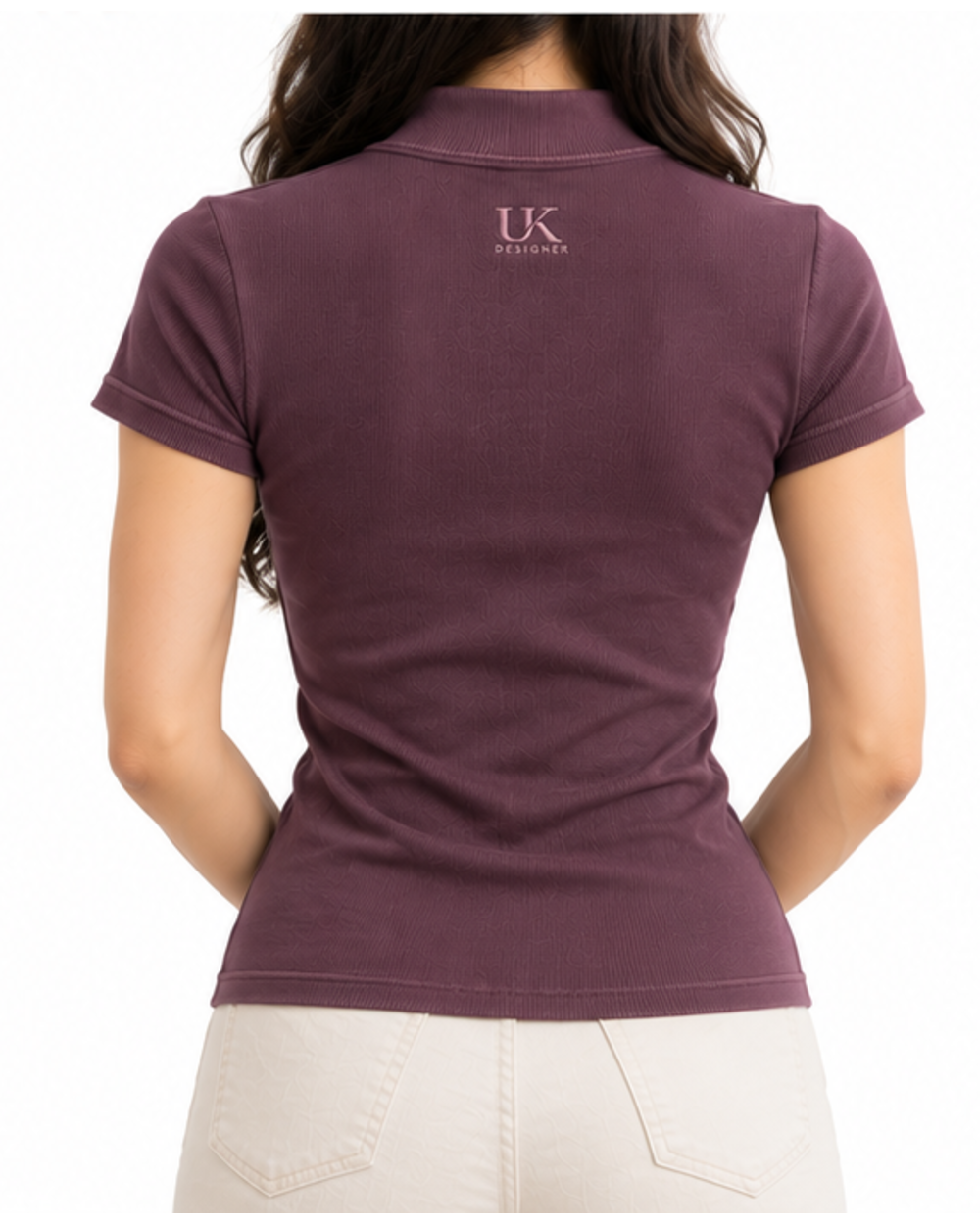 Back view of a model wearing the plum mock-neck T-shirt