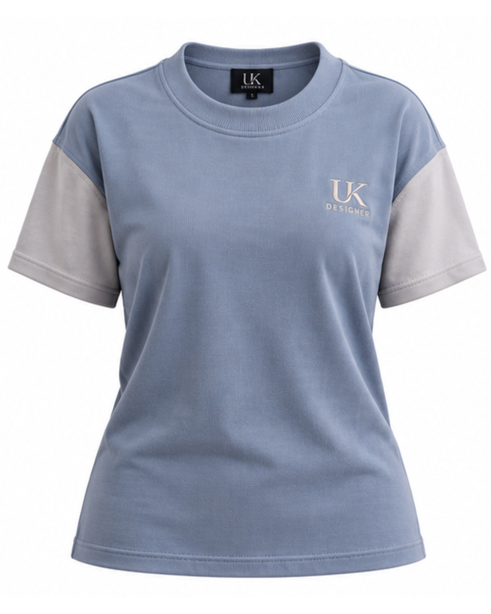 Women's misty glacier blue drop-shoulder T-shirt with pearl grey sleeves, front view