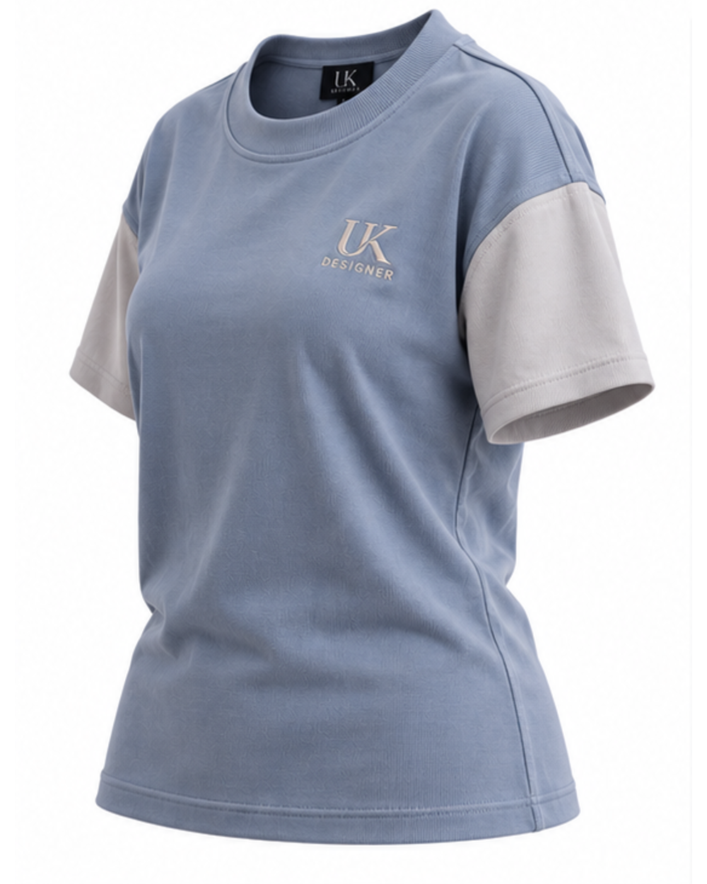 Three-quarter view of the glacier blue drop-shoulder T-shirt