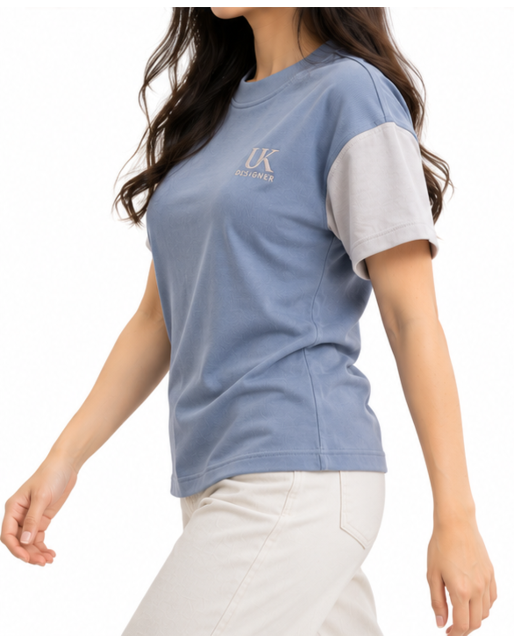 Model walking in the glacier blue drop-shoulder T-shirt
