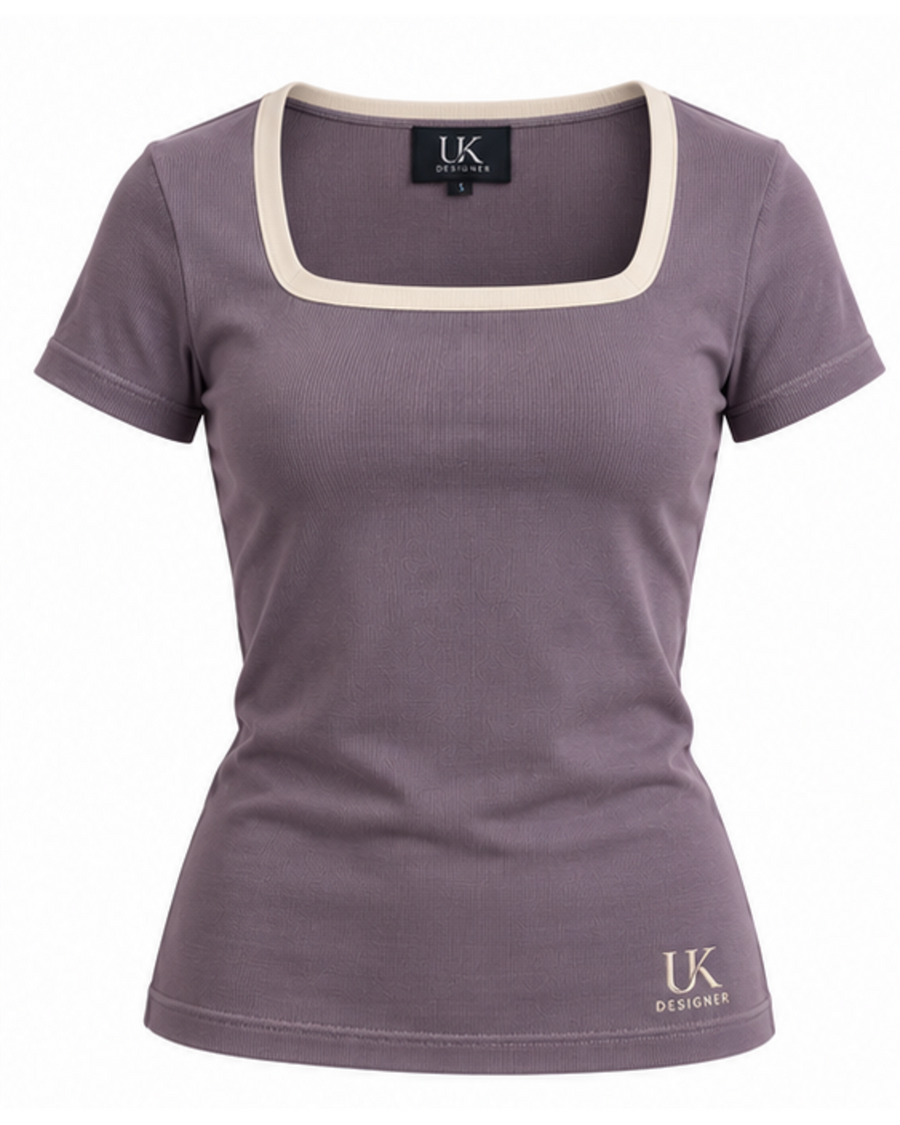 Women's dusty lavender square-neck fitted T-shirt with ivory binding, front view