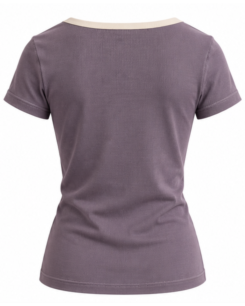 Back view of the lavender square-neck T-shirt showing ivory neck trim