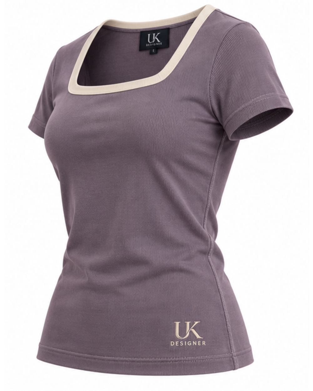 Three-quarter view of the lavender fitted T-shirt