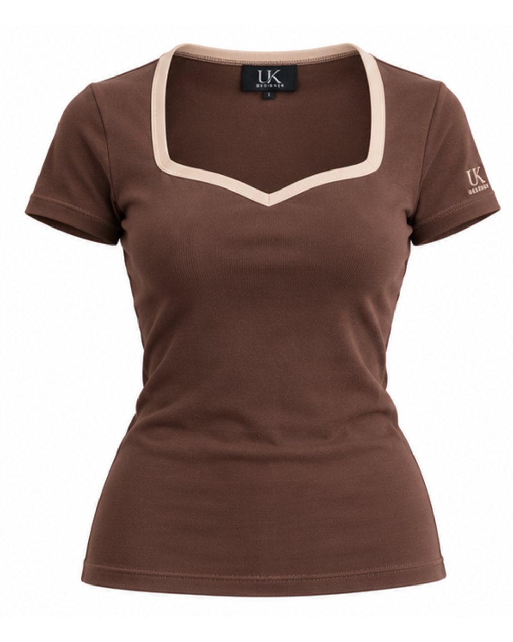 Women's warm cocoa brown sweetheart-neckline T-shirt with beige trim, front view